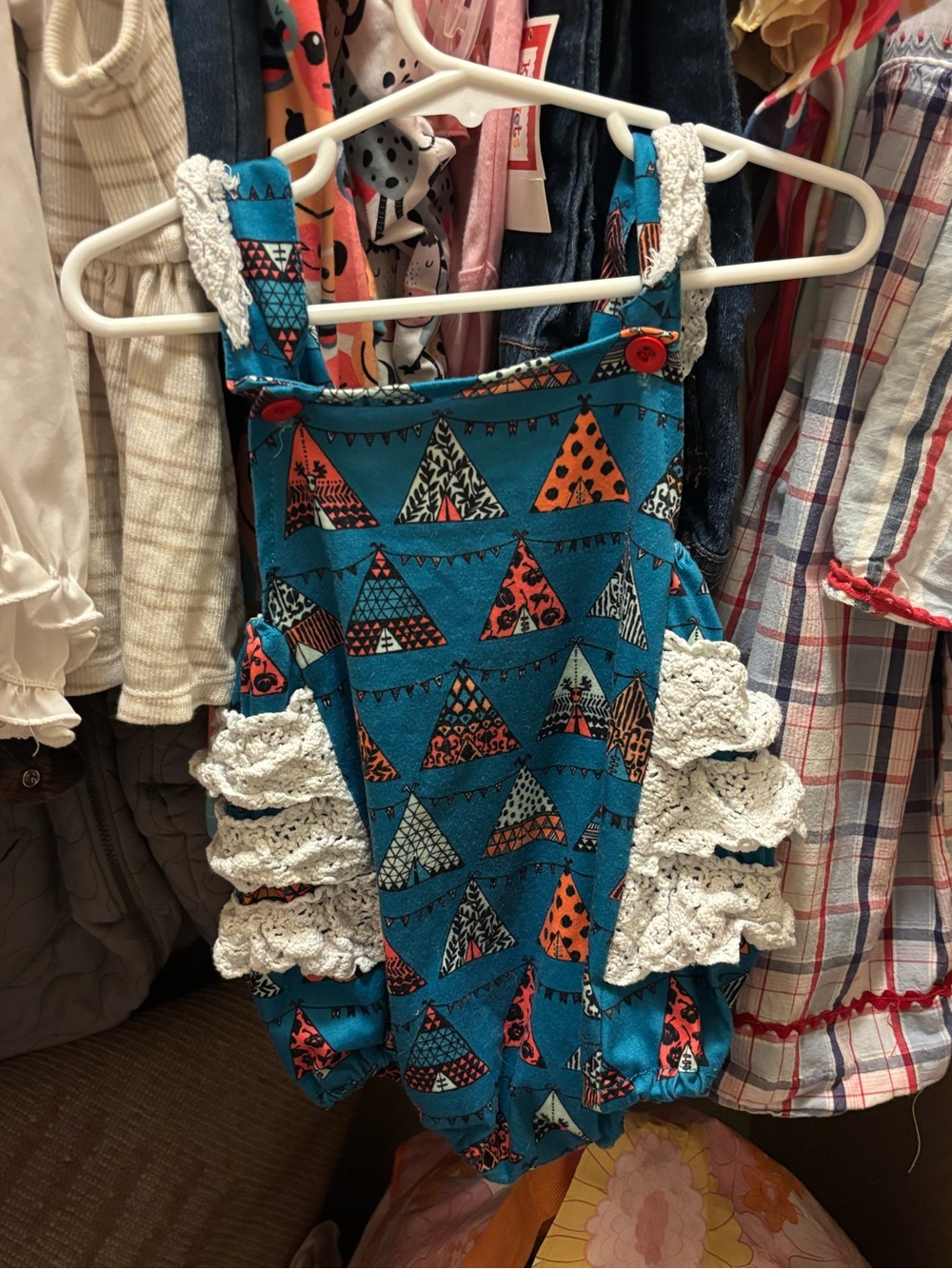 Girls Teal Triangle Print Romper with White Crochet Ruffles
